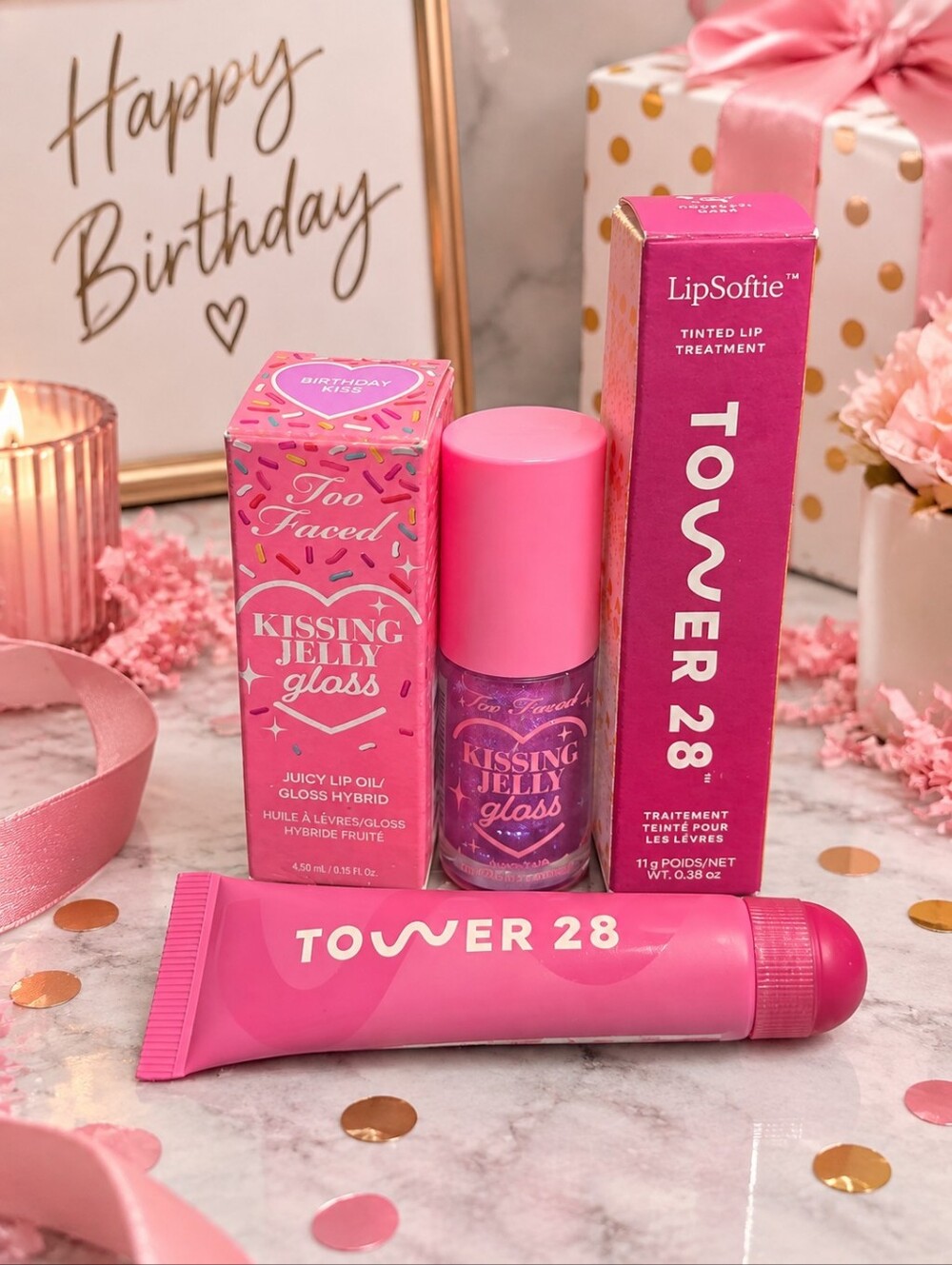 Too Faced Birthday Kiss + Tower 28 Confetti Cake Lip Duo NIB